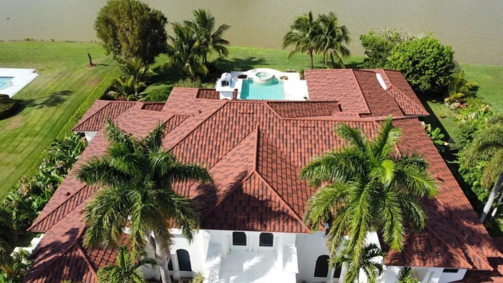 DECRA Villa Tile stone-coated steel roof in Rustico Clay on a luxury home